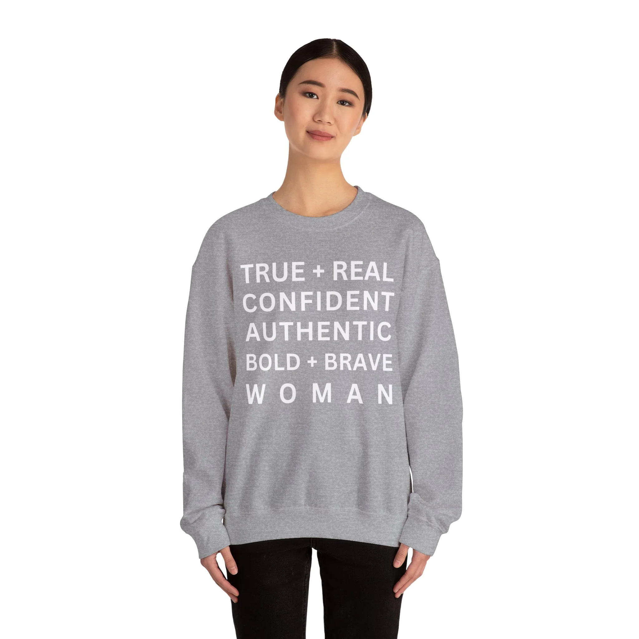TRUE + REAL CONFIDENT AUTHENTIC BOLD + BRAVE WOMAN Heavy Blend™ Crewneck Sweatshirt - Image 12