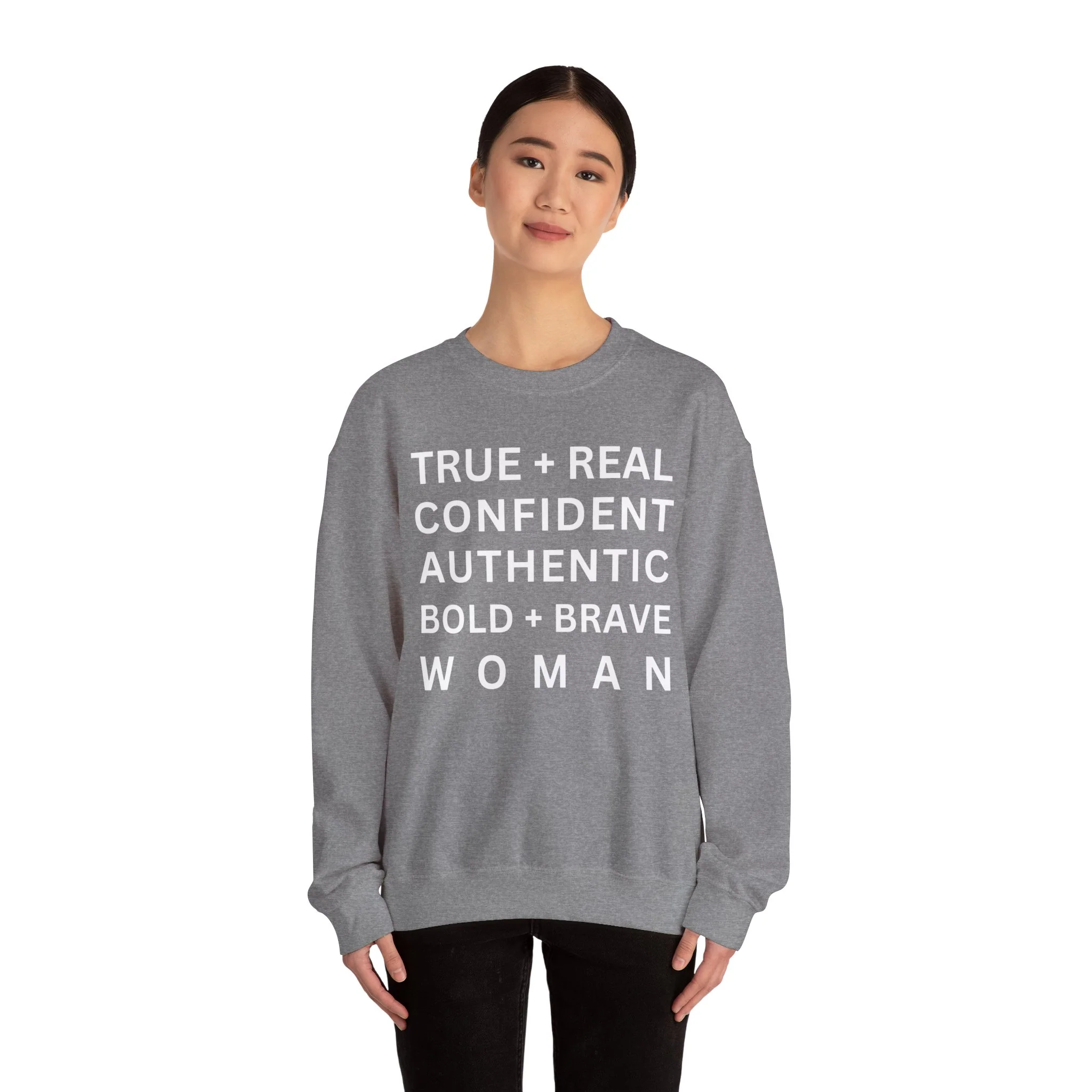 TRUE + REAL CONFIDENT AUTHENTIC BOLD + BRAVE WOMAN Heavy Blend™ Crewneck Sweatshirt - Image 32