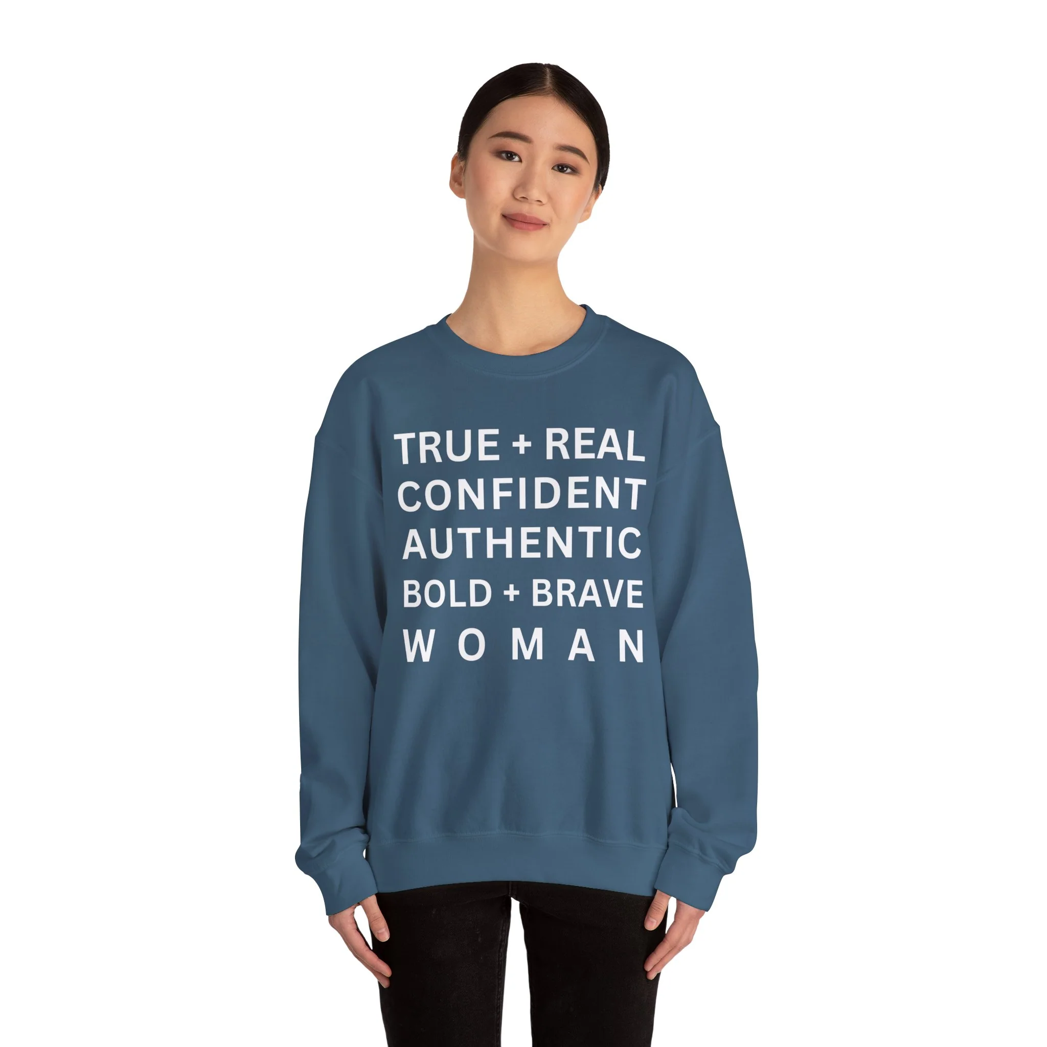 TRUE + REAL CONFIDENT AUTHENTIC BOLD + BRAVE WOMAN Heavy Blend™ Crewneck Sweatshirt - Image 40